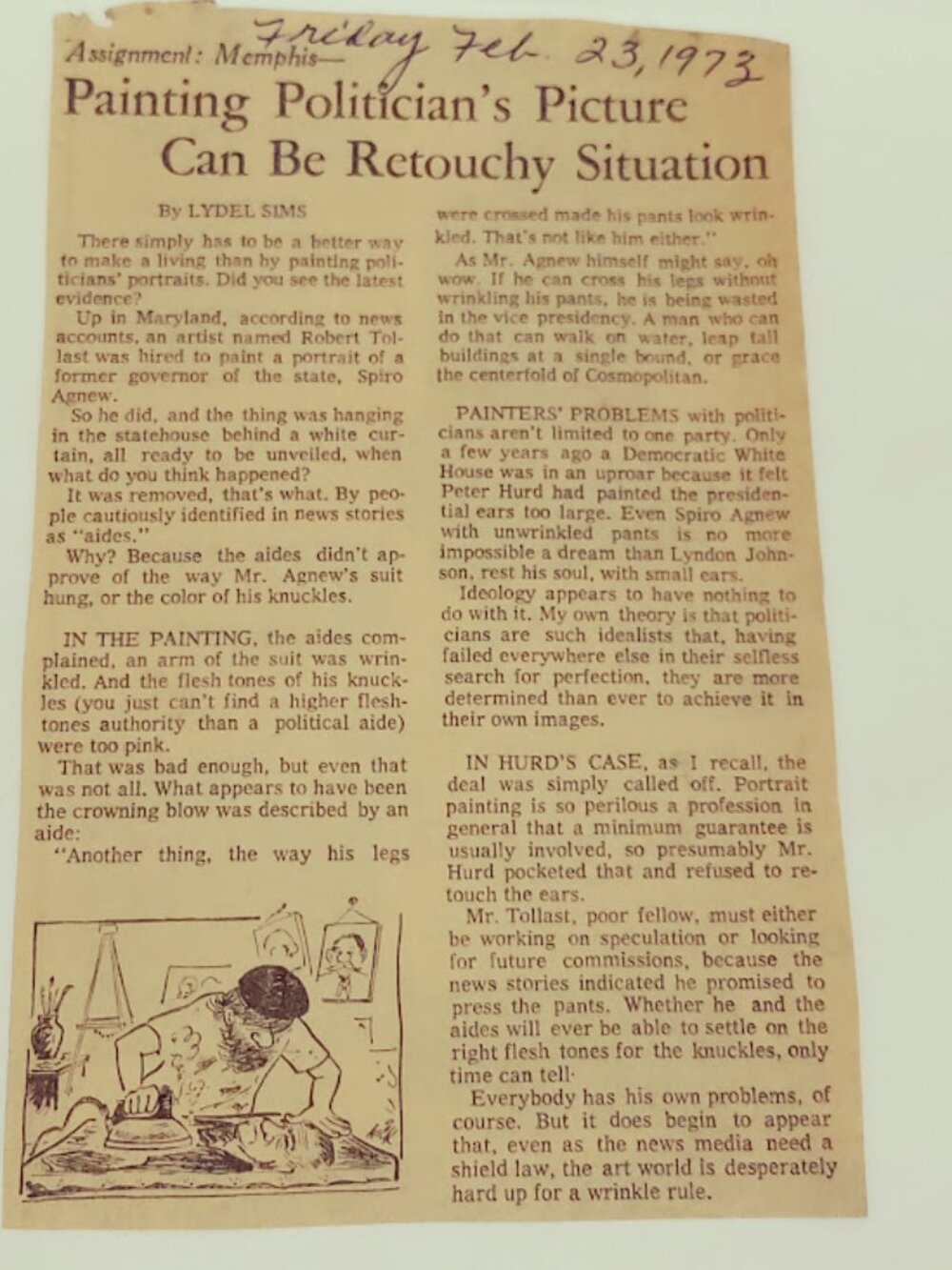1973 Lydel Sims Assignment Memphis Newspaper Clipping Political Humor Spiro Agne